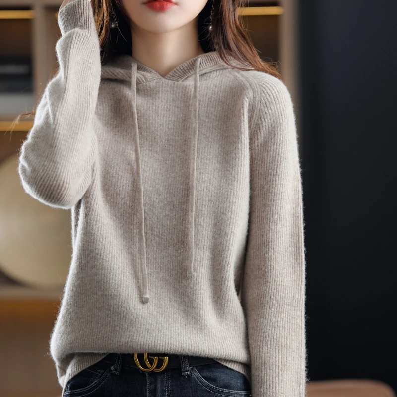 New cashmere sweater women\'s 100% pure wool hooded collar pullover sweater ladies fashion plu size warm knitted bottoming shirt