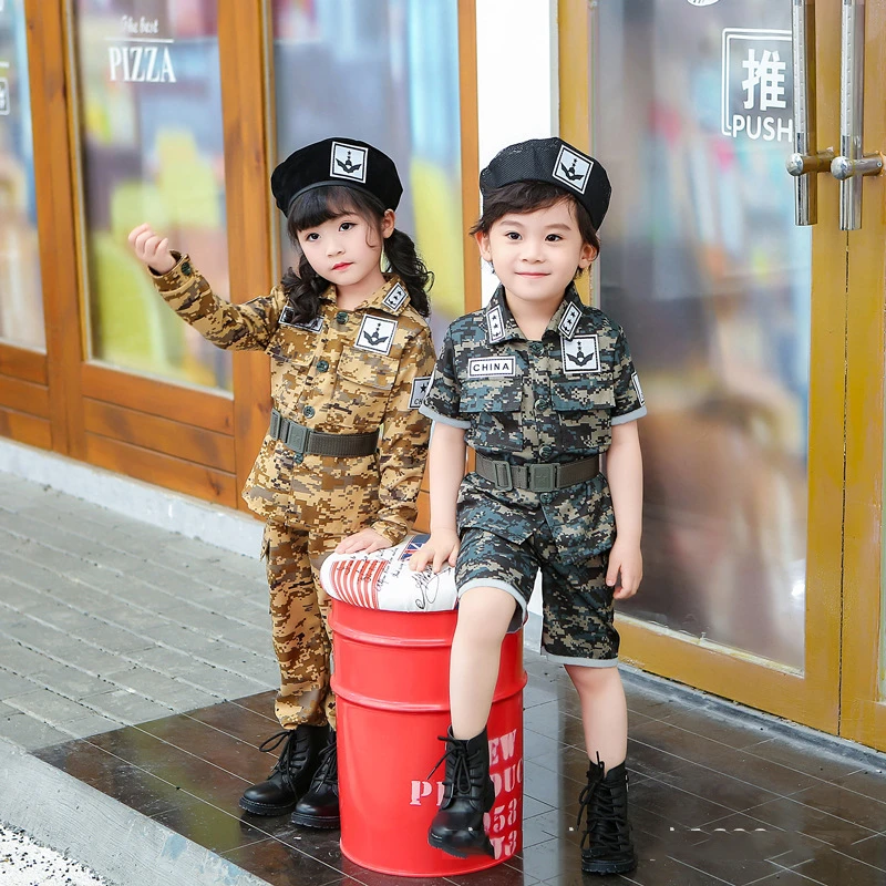 Crianças militares meninos meninas camuflagem trajes de manga curta conjunto halloween carnaval festa cosplay desempenho crianças roupas