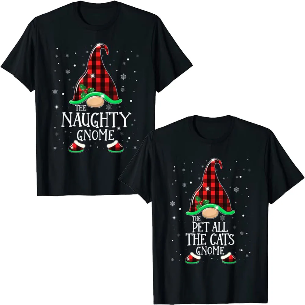 The Naughty Pet All The Cats Gnome Plaid Matching Christmas Pajama T-Shirt Xmas Tee Tops