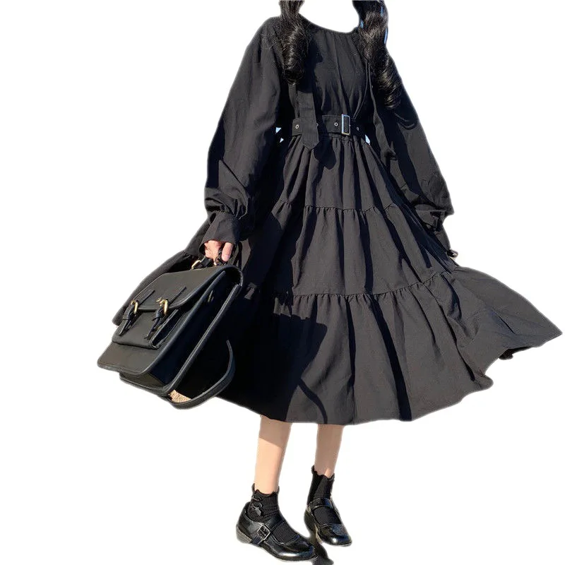 Robe Midi noire Style gothique pour femmes, Harajuku, Lolita Goth Kawaii, Punk, manches longues, surdimensionnée, Emo, 2021