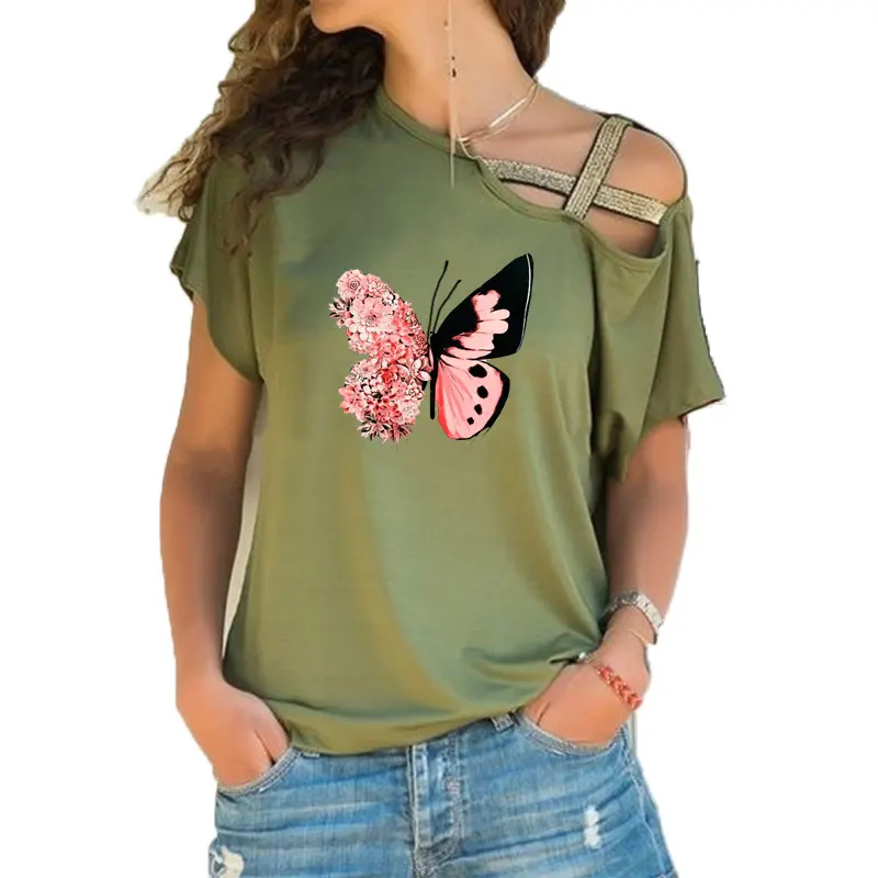 

Женская футболка с коротким рукавом, элегантная забавная свободная Асимметричная футболка с мультяшным принтом бабочки и цветочным принтом, топ с перекрестными завязками на лето