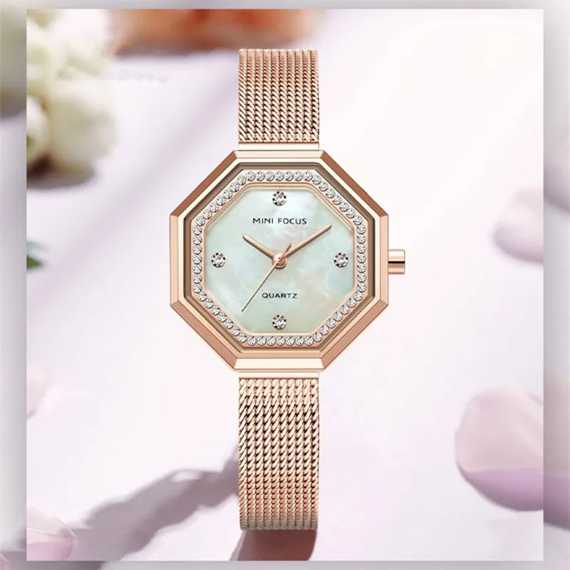 

Fashion Women Watches Exquisite Shell Diamond Octagonal Mirror High-Quality Movement Waterproof Steel Mesh Band Quartz Watch