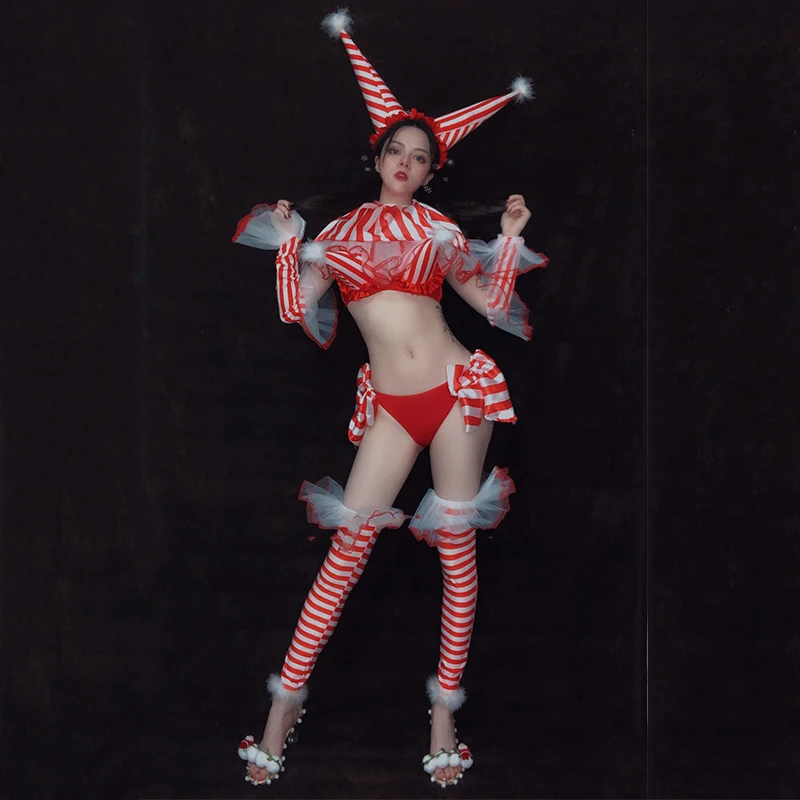 

Christmas Costumes Festival Outfit Stage Party Outfit Red White Striped Circus Set Cosplay Bar Sexy Pole Dance Clothes DT2150