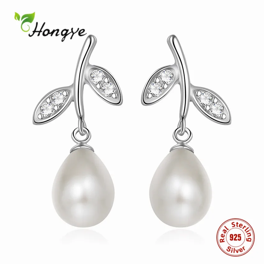 

Hongye Freshwater Natural Pearl 925 Sterling Silver Leaf Drop Earings AAA Zircon Anti-allergy Fine Jewelry Female Girls Birthday