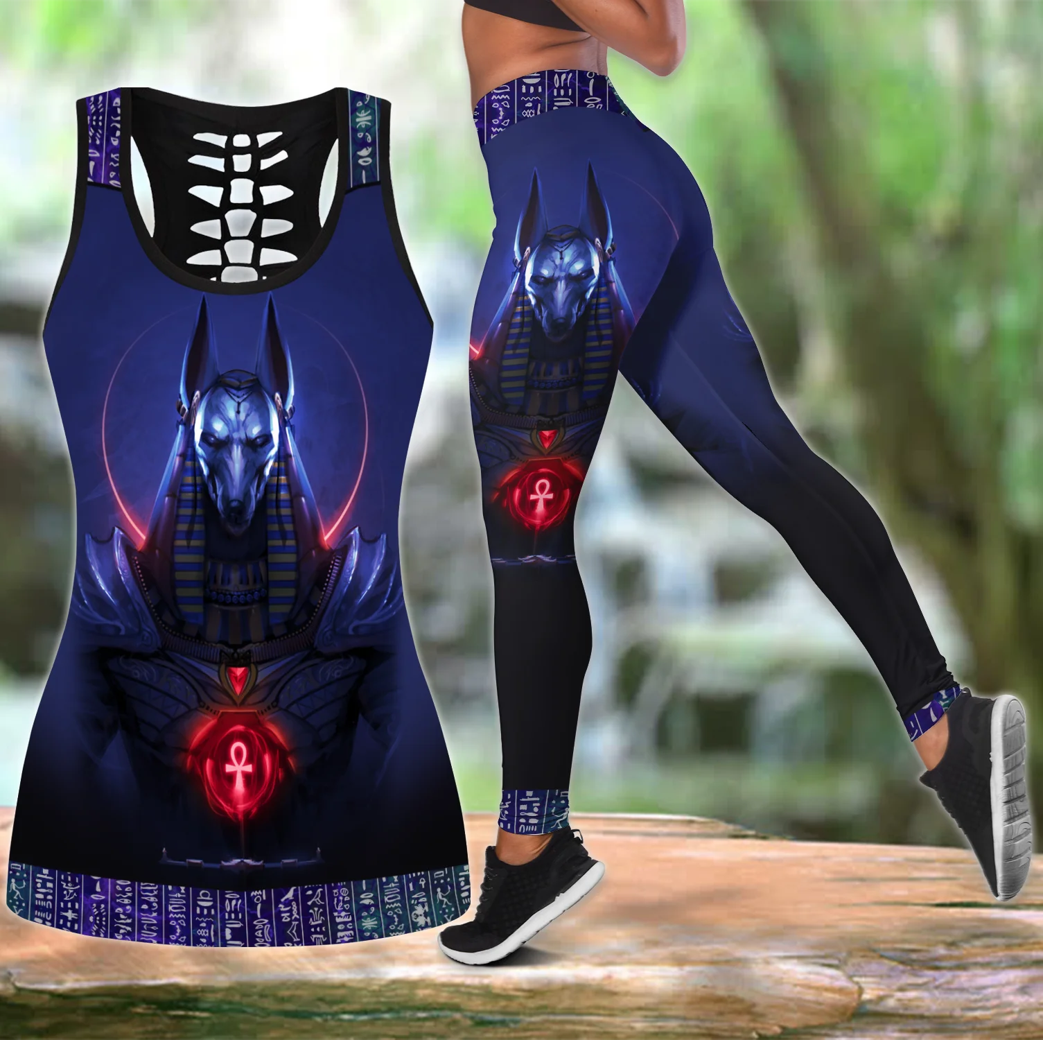 Anubis Blauw Oude Egyptische 3D Gedrukt Hollow Tank Top & Leggings Set Fitness Vrouwelijke Volledige Lengte Leggings Yoga Broek LKB-20