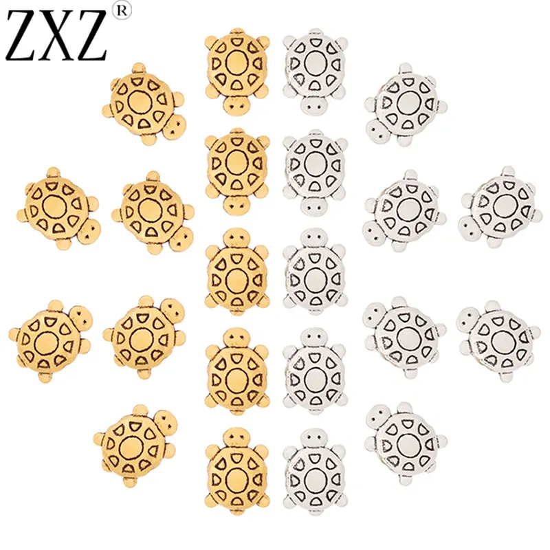 ZXZ 50pcs Tibetan Silver/Gold Tone Turtle Spacer Beads Charms 2 Sided for Bracelet Jewelry Making Accessories 1mm Hole