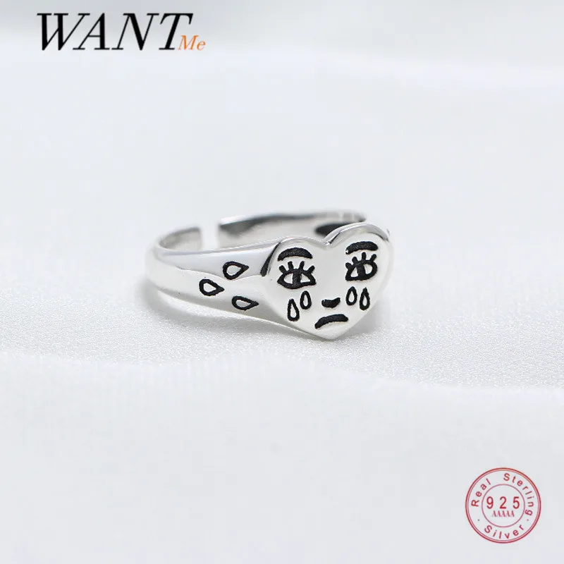 

WANTME Real 925 Sterling Silver Tearful Love Heart Crying Face Open Finger Ring for Fashion Women Gothic Party Jewelry Gift