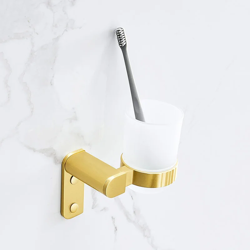 Brushed Gold Bathroom Toothbrush cup Wall-Mounted Space Aluminum Toothbrush Holder Bathroom Accessories