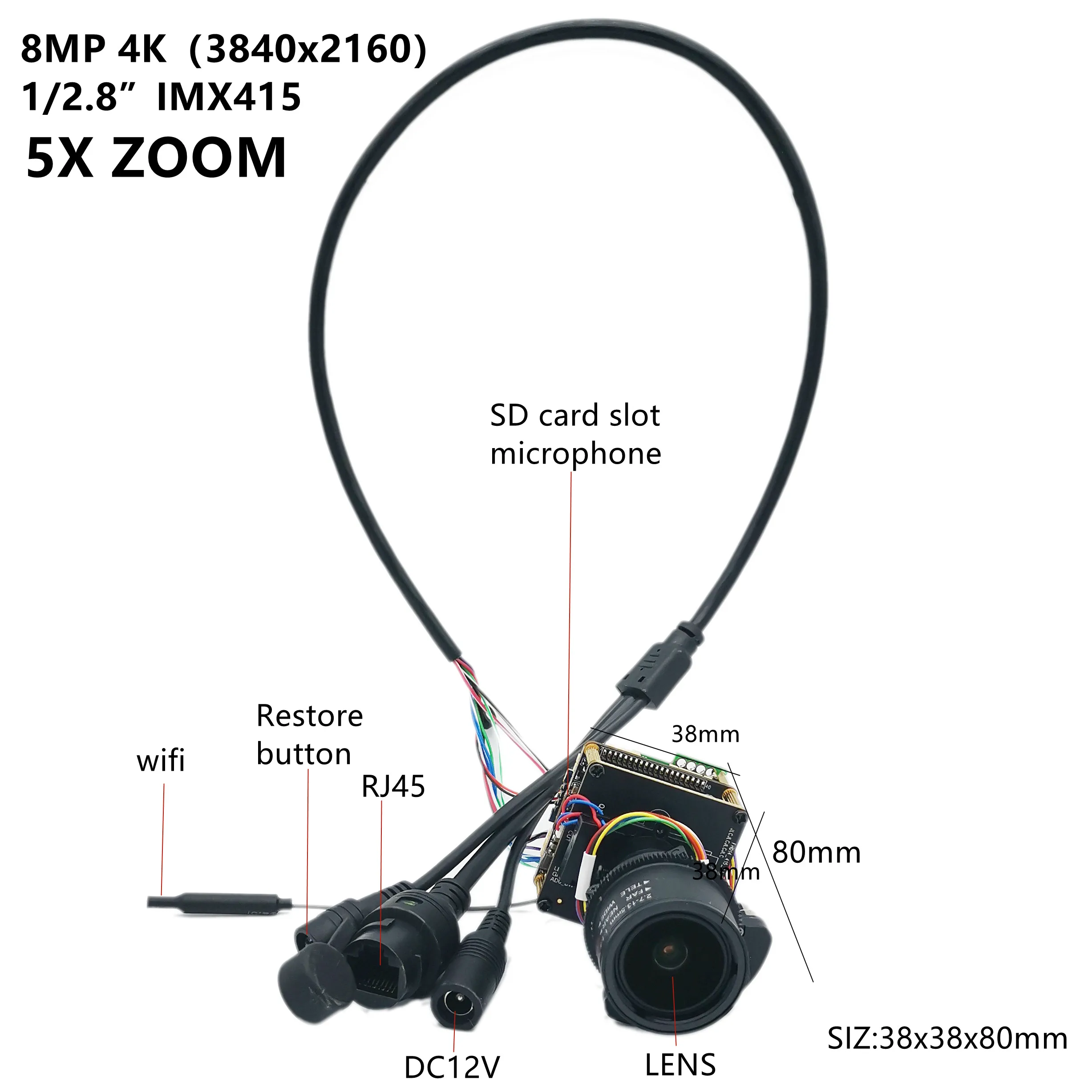 5X 4K 8mp Ip Camera Module, IMX415 Starlight Sensor, Motorized 2.7-13.5mm Optical Zoom Auto Focus,SD Card Slot Camhipro APP