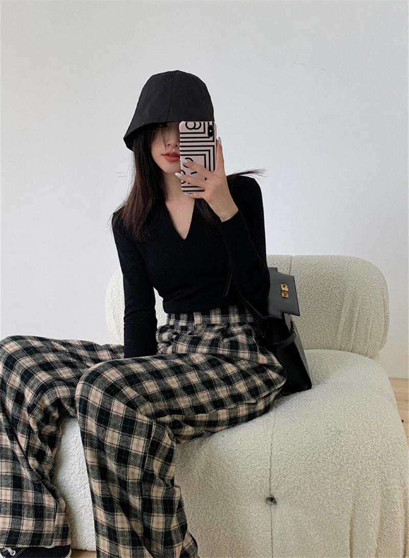 LMQ NEW 2020 Women Vintage High Waist Plaid Wide Leg Pants Casual Korean Streetwear Cool Girl Trousers Harem Sweatpants Winter