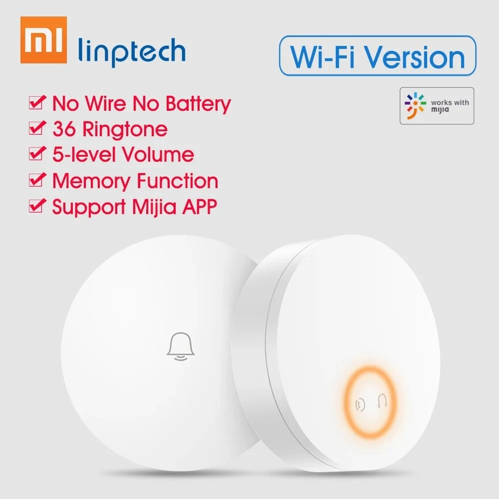 

2020 Hot Selling Self-Powered Wireless Doorbell Work with Mijia APP Smart Control Memory Function 1 Transmitter and 2 Receiver