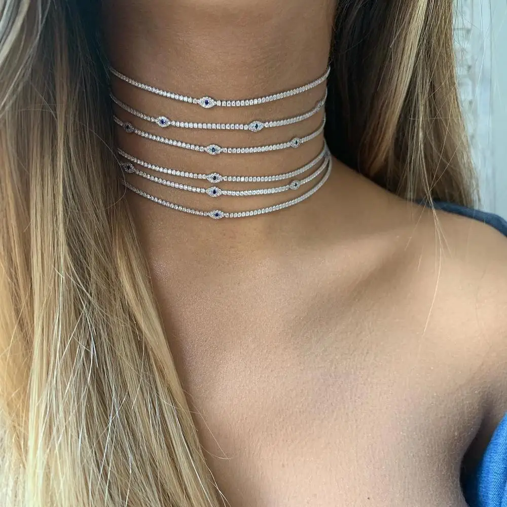 2022 New Arrive Minimal Delicate Clear CZ Lucky Turkish Evil Eye Charm Choker Collarbone Women Girl Tennis Chain Necklace