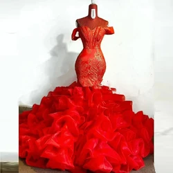 Red Mermaid Prom Dresses With Lace Appliques Ruched Ruffles Off The Shoulder Evening Dress Plus Size Long Party robe de soiree