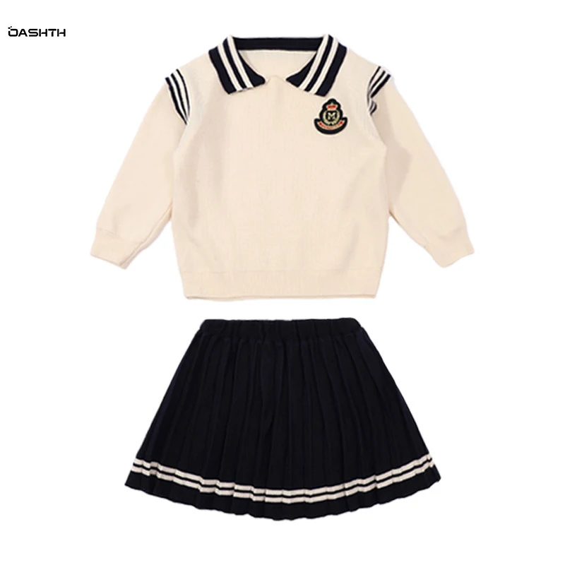 

OASHTH Children's clothing spring and autumn new girls' college style short skirt suit baby sweater two-piece set