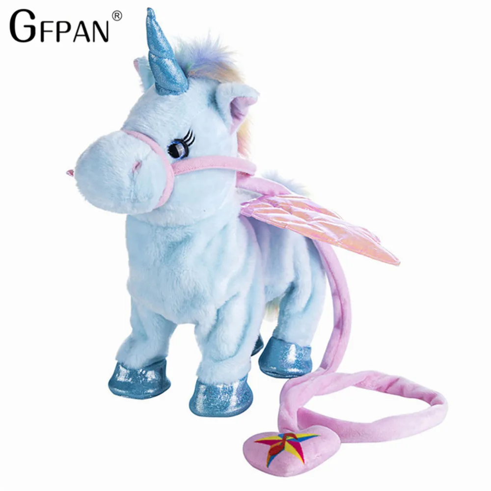 Juguete caliente 1pc eléctrica caminar Peluche de unicornio de juguete Animal relleno juguete de música electrónica de juguete para niños regalos de navidad