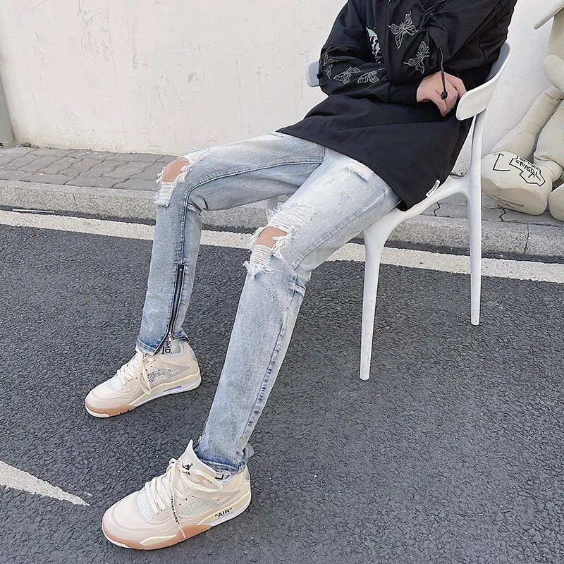 Idopy Cool Hi-street Mens Hip Hop Skinny Denim Pants Destroyed Distressed Ripped Jeans With Holes Side Zippers For Male