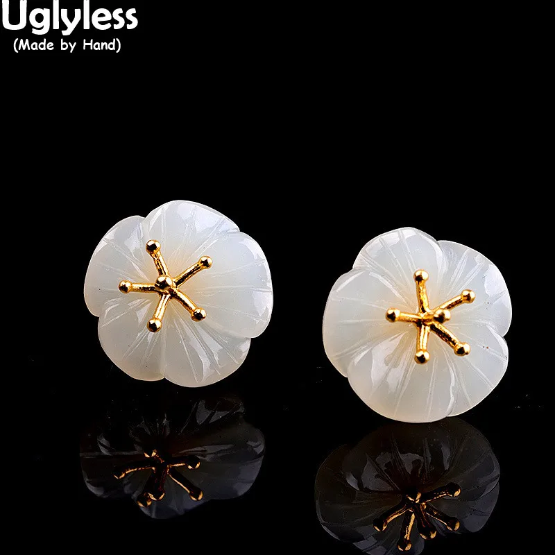 

Безопасные серьги-гвоздики из 100% натурального нефрита Хэтянь с цветами для женщин, серьги с драгоценными камнями и цветком сливы, серебро 925, Brincos, золотой драгоценный камень