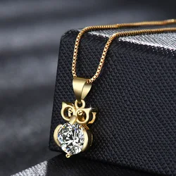 New Fashion Night Owl Bird Pendant Necklace For Men Women Shiny CZ Stone Golden Box Chain Necklaces Punk Hip Hop Accessories