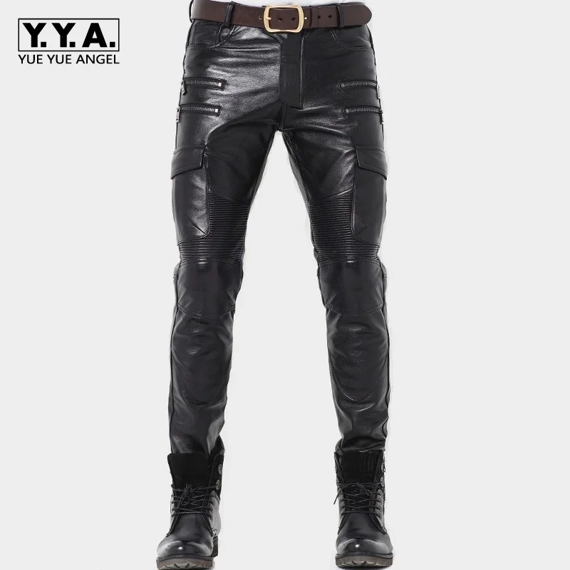 Mens Fashion Leather Pants New Punk Trousers Skinny Genuine Leather Pants Joggers Pants For Men Zipper Straight Pants Plus Size