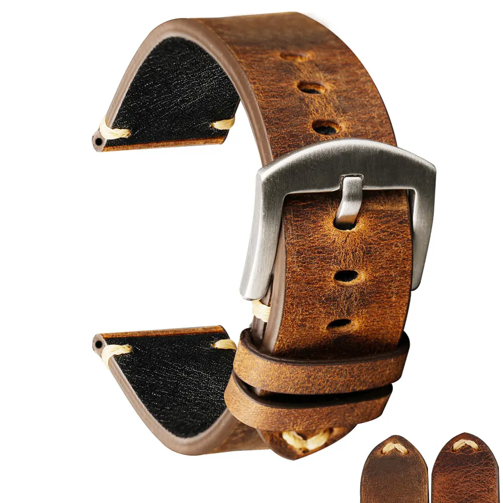 Handmade Crazy Horse Leather Watchband, 18 19 20 21 22MM Retro First Layer Leather Strap, Suitable for Military Watches