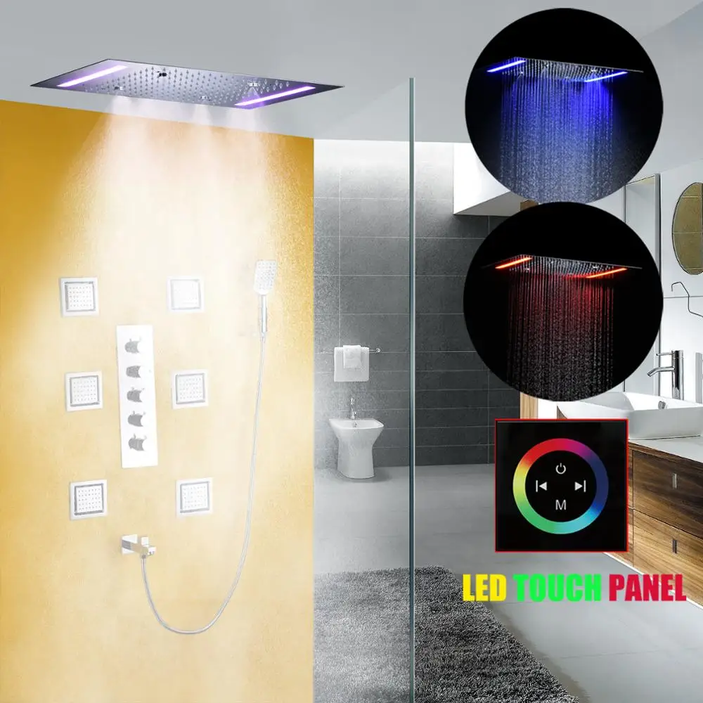 

DULABRAHE Luxury Thermostatic Shower System Brass Concealed Bath Faucet Set Bathroom Ceiling Atomizing Rainfall LED Shower Head