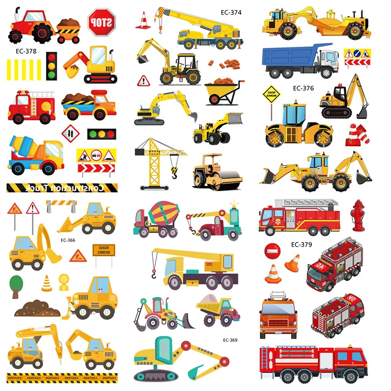 Cartoon Farm Thema Bouw Voertuig Tijdelijke Tattoo Graafmachine Sticker Bulldozer Loader Stickers Jongens Verjaardagsfeestje Geschenken