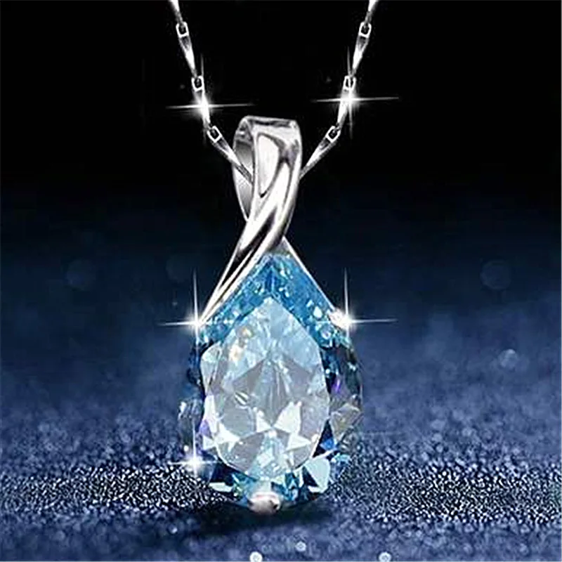 

Fashion Women's Necklace Water Drop Blue Gem Pendant Elegant Girl Engagement Necklace Exquisite Jewelry Anniversary Gift