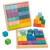 Basswood Colorful Wooden Constructor Blocks Toy Mosaic Square Large Basic Blocks Baby Rainbow Montessori Education Stacking Game