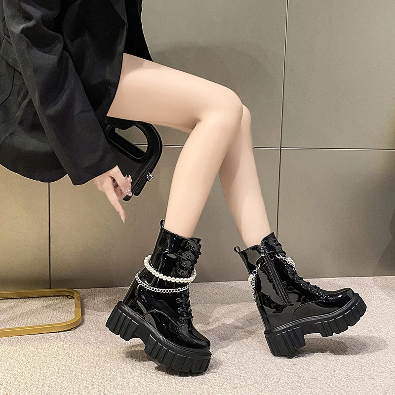 2022 Thick Heel Ankle Boots Chunky Sneakers Women High Heels Winter Platform Patent Leather Woman Shoes 10CM Wedges Long Boots