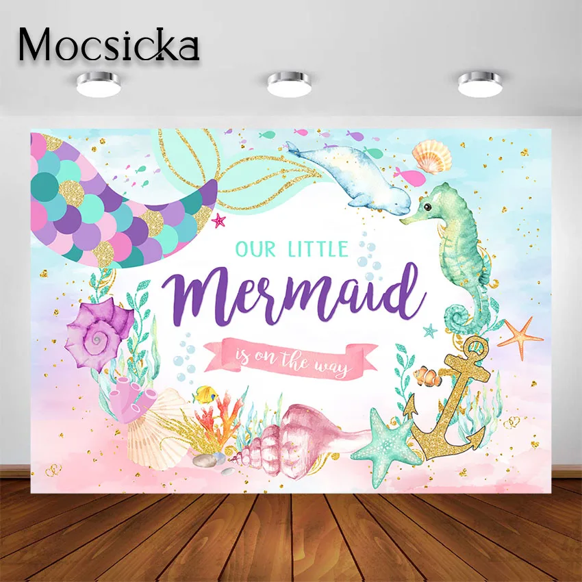 Mocsicka Mermaid Girl Baby Shower Backdrop Under Sea Mermaid Tail Baby Shower Party Decorations Photography Background Banner