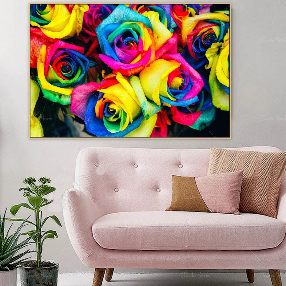 Modern Bunch of Mix Color Roses Floral Canvas Painting Poster and Print Wall Art Pictures for Bedroom Living Room Home Decor