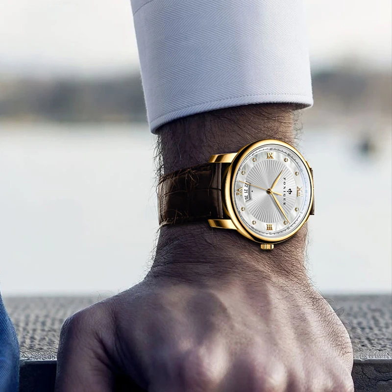 Poniger topo marca de luxo masculino relógio de pulso quartzo com pulseira de couro casual relógio de negócios masculino safira à prova dwaterproof água data relógios