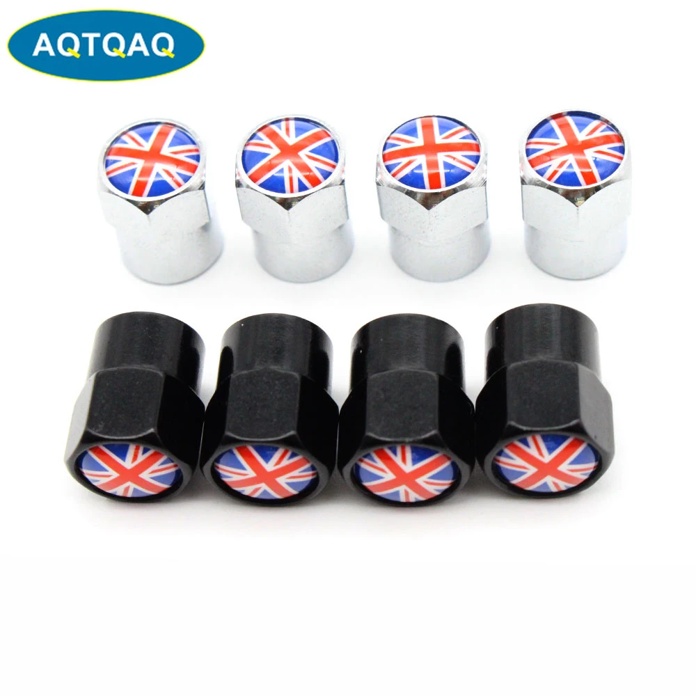 4 Pcs/Set Aluminum Alloy/Copper England British National Flag Tire Valve Stem Cap Tire Wheel Stem Air Valve Caps for Auto Cars