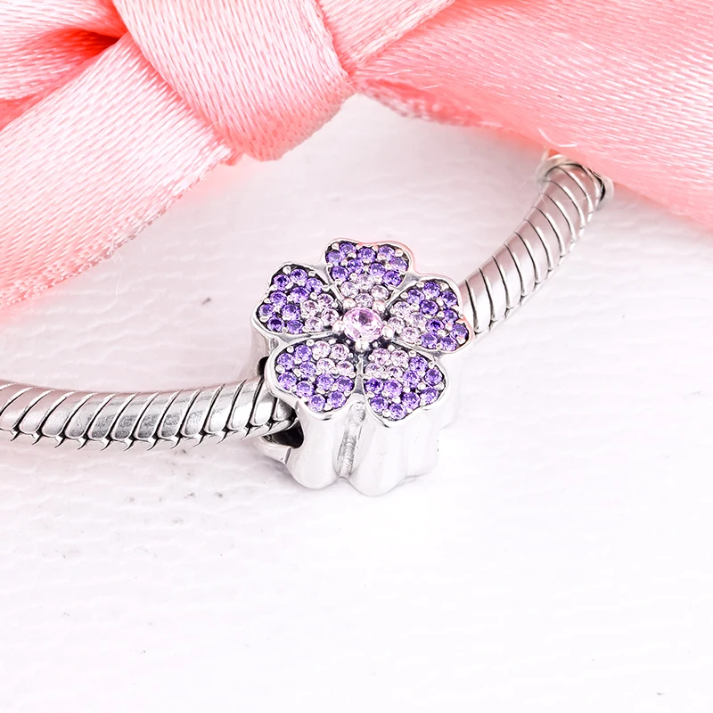 

925 Sterling Silver Primrose Pave Flower Charm Fits for DIY Brand Bracelet Bead Jewelry Making for Woman Gifts, Pink Purple CZ