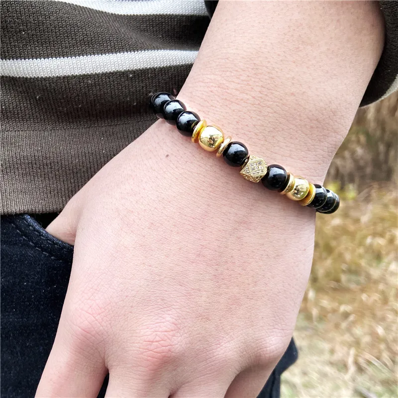 Handmade Men Bracelet Black Onyx Beads Bracelet Round Metal Ball Charm Yoga Healing Bracelet Energy Jewelry Homme Gifts Male