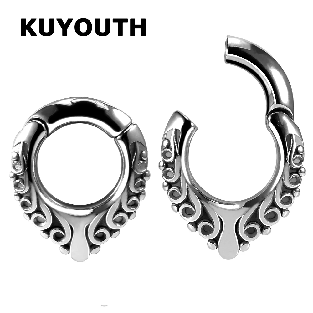 KUYOUTH Stylish Stainless Steel Water Drop Flower Pattern Magnet Ear Weight Stretchers Body Piercing Jewelry Earring Gauges 2PCS