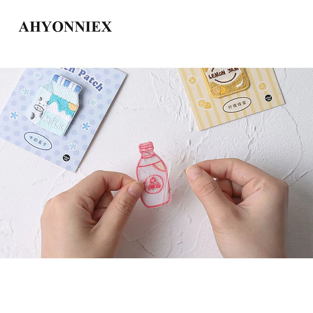 AHYONNIEX 1 Piece Embroidered Cute Milk Soda Jams Patches Clothes Bags DIY Applique Embroidery Parches Iron On Patch for Clothes