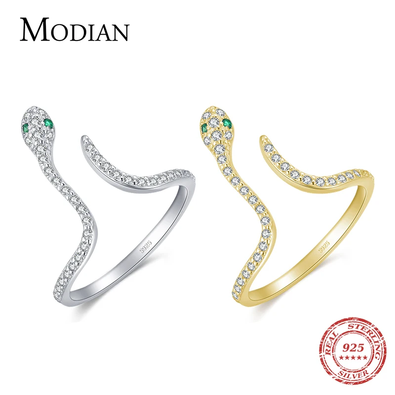 Modian Adjustable Snake Ring 925 Sterling Silver Trendy Clear CZ Dazzling Open Size Female Finger Ring for Women Party Jewelry