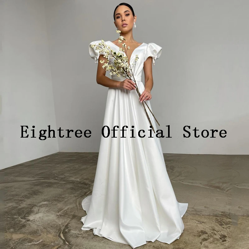 Eightree Sexy White Wedding Dresses V-Neck Satin A-Line Bride Dress Short Sleeves Floor Length Wedding Evening Gowns Plus Size