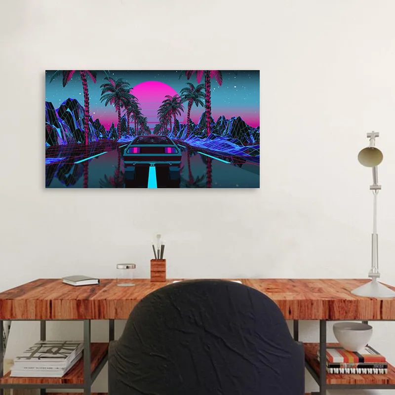 Car Night Scenery Retrowave Palm Trees Poster Artwork Wall Art Picture Print Canvas Painting For Home Living Room Decor