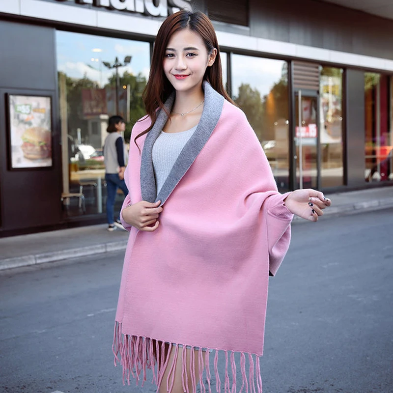 

Women Winter New Solid oncho Sleeve Shawls Wraps Ladies Pashmina Shawl Thicken Scarf Stoles Warm Feminino Ponchos and Capes