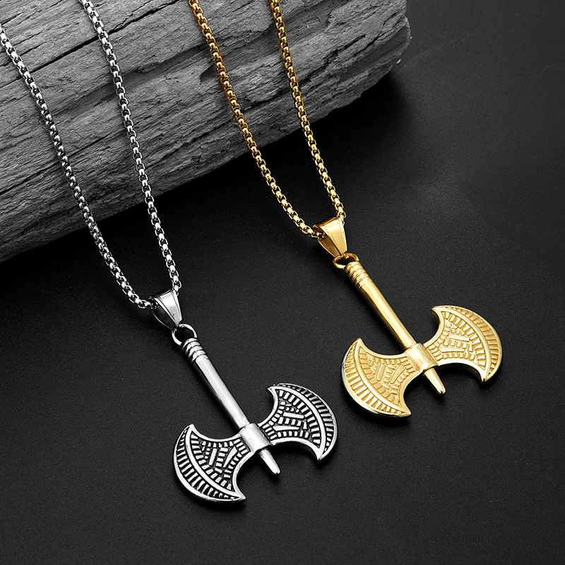 classic Double-sided Rune and Crow Slavic Amulet Pendant Viking Odin Handle Ares Axe Pendant Necklace For Boy brother Trend gift