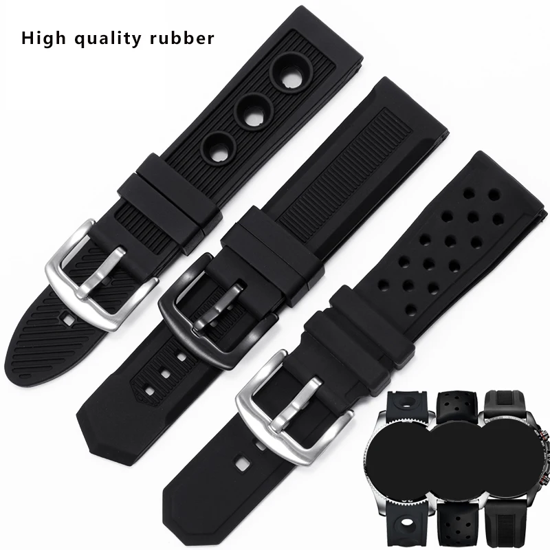 22mm Black Rubber Strap Waterproof And Sweat Resistance Natural Silicone Watchband With Pin Buckle Male Replacement Wristband