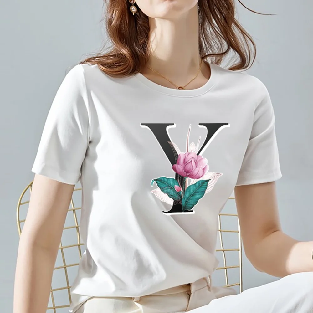 

Women's Summer New Fashion T-shirt Slim Bottoming Short-sleeved White 26-flower English Alphabet Pattern Women's Polyester Top