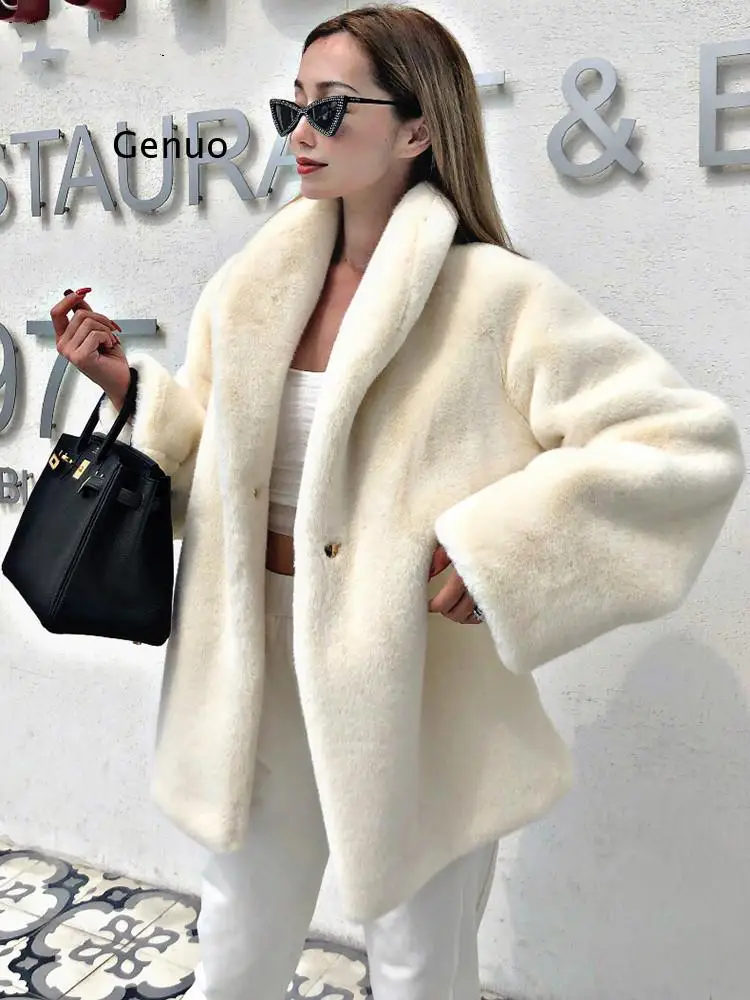 Winter Thick Oversized Warm Faux Fur Jacket Women Shawl Collar Raglan Long Sleeve Fluffy Coat Korean Fashion Clothing