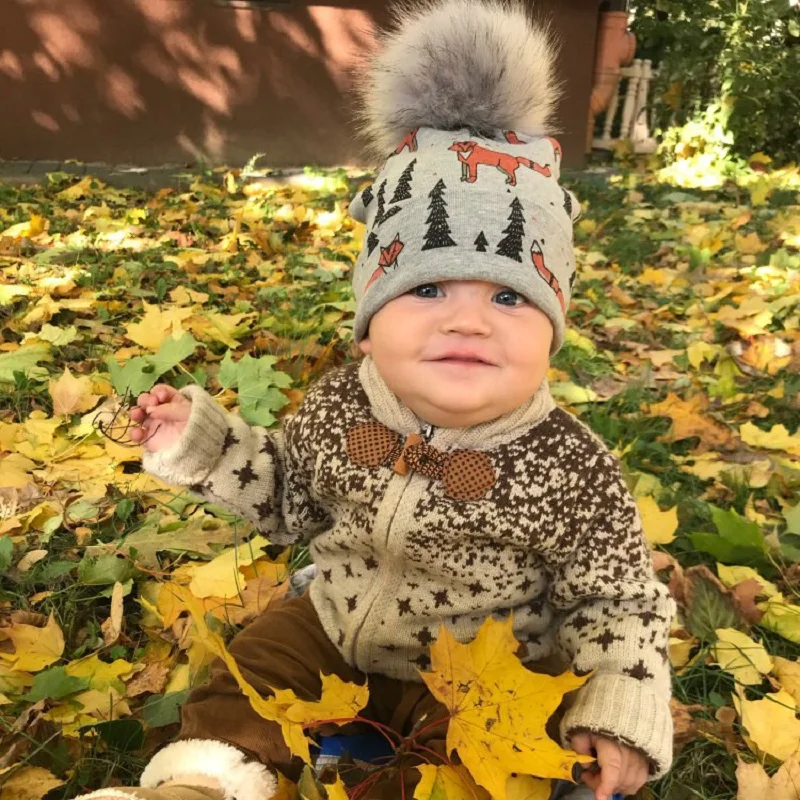 Gorro con pompón de algodón para niño y niña, gorro con estampado de dibujos animados, para Otoño e Invierno