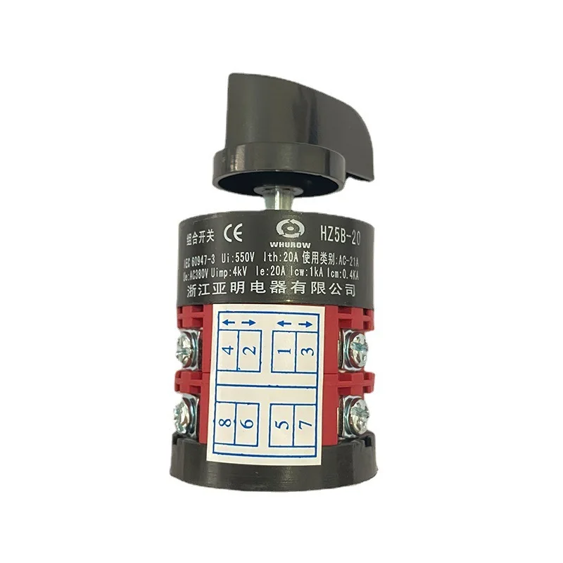 Electric 3 Position HZ5B-20/2 Red Body Combination Changeover Rotary Cam Switch 20A 2 Poles 8 Terminals Silver Contact