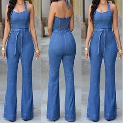 Women Blue Sexy Fitness Denim Jumpsuits Casual Halter Sleevless Playsuits Slim Plus Size Overalls Jeans Rompers Pants with Belt