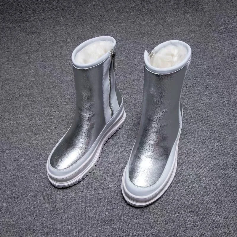 Botas grossas de tornozelo para mulheres, dedo do pé redondo, luxuoso, quente, sapato de algodão, fecho lateral, prata, preto, inverno, neve, novo