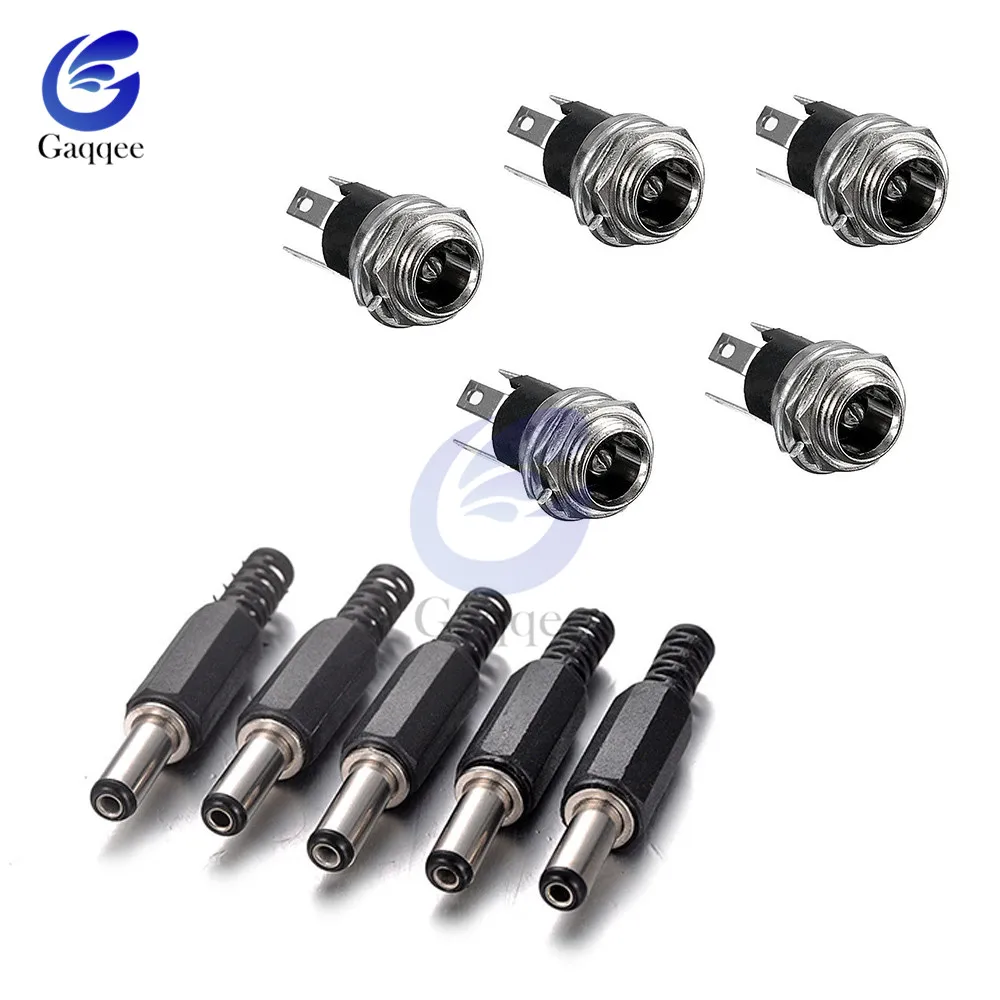 10Pcs DC Power Connector pin Female Plug Jack + Male Plug Jack Panel Mount Connector 5.5mm 2.1mm Plug Adapter 2 Terminal Types